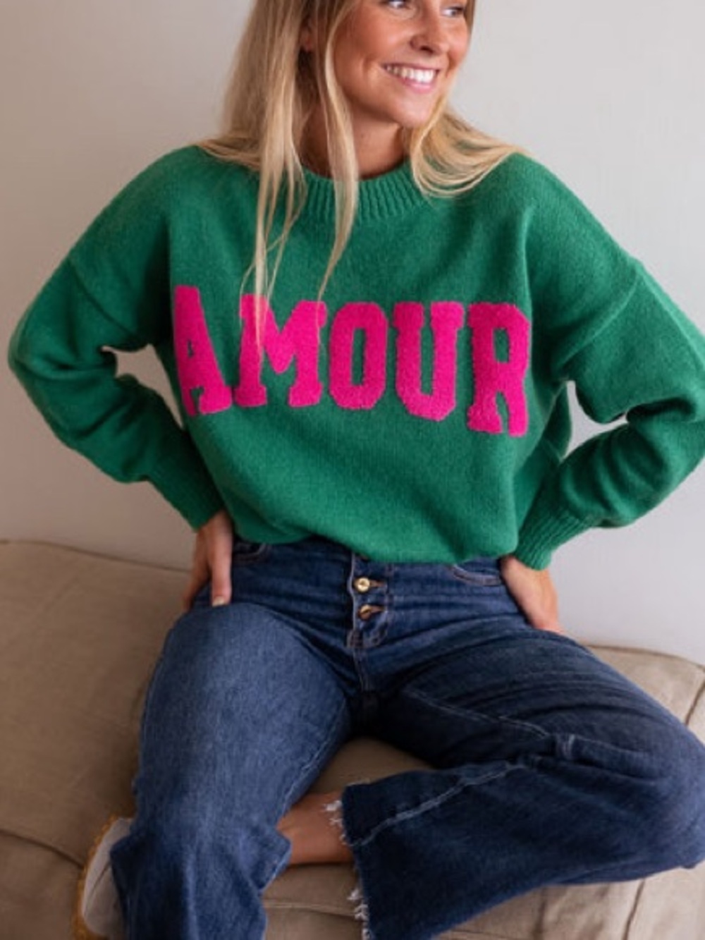 Green Women's Crewneck Sweater with Pink Accent